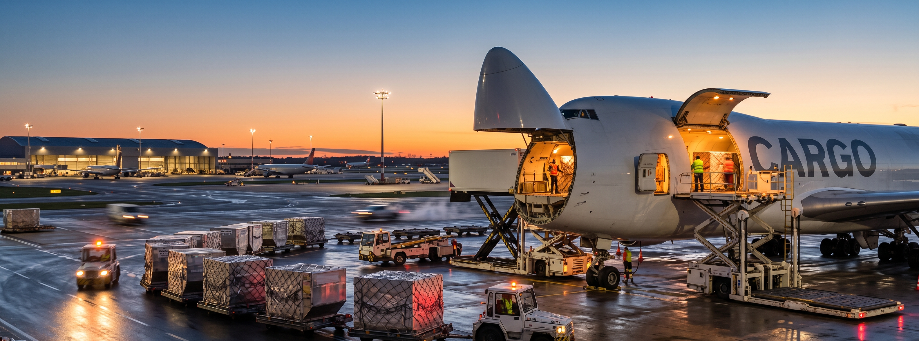 Aviation cargo freighter operations and logistics on airport apron